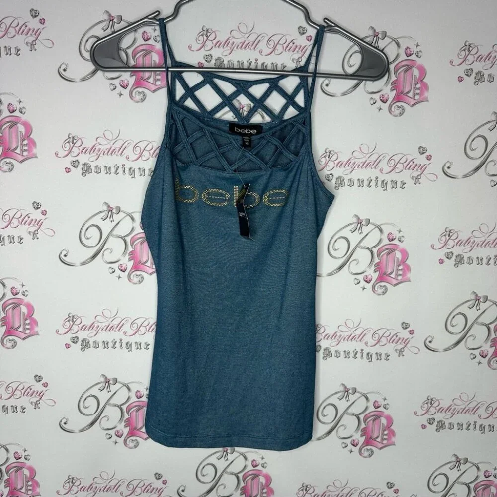 Bebe Blue Strappy Women's Top criss cross denim blue jean style gold bling